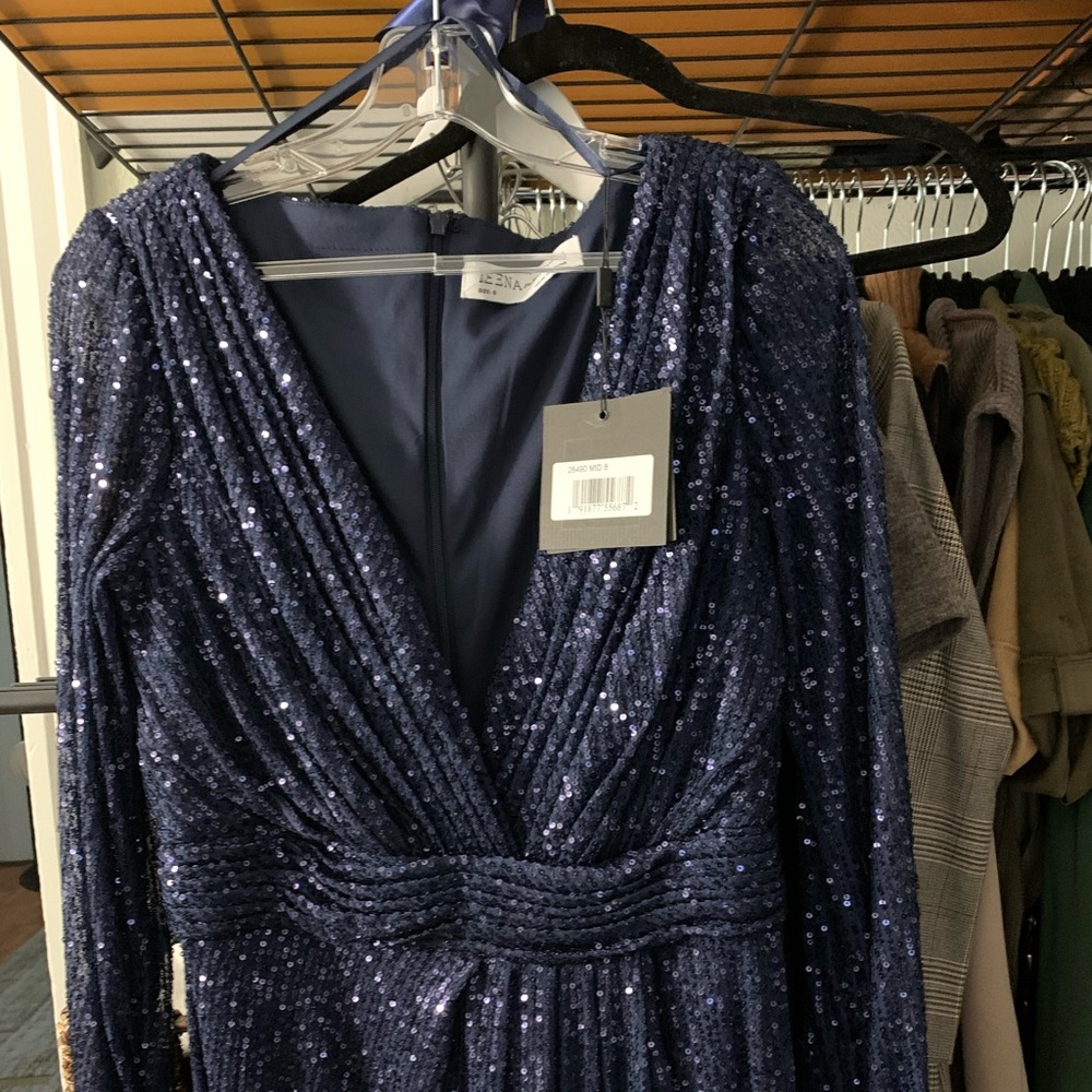 Mac Duggal Long Sleeve Sequin Faux Wrap Gown